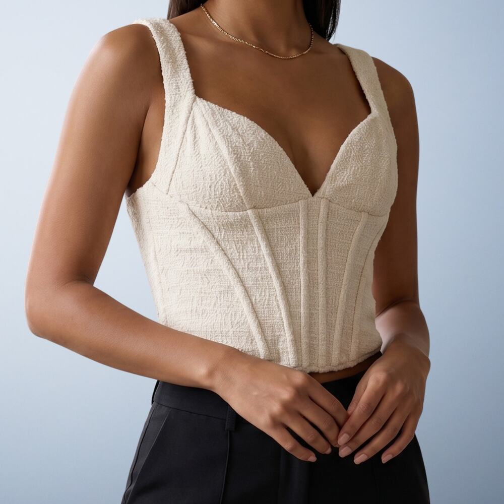 Zara Cream Boucle Textured Corset Crop Top Structured Bustier Size Small